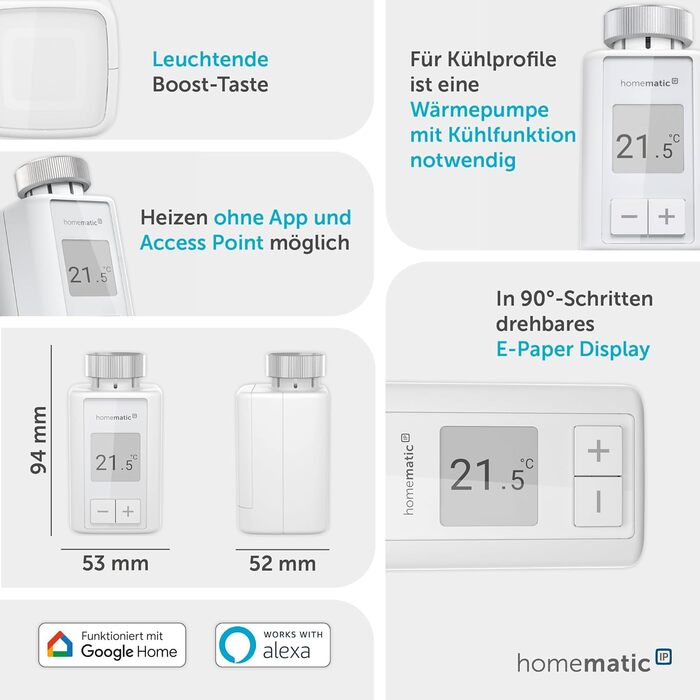 Homematic IP Термостат радіатора Smart Home – цифровий термостат для опалення з керуванням через додаток, сумісний з Alexa та Google Home, легка установка, енергозбереження (153412A3, окремо)