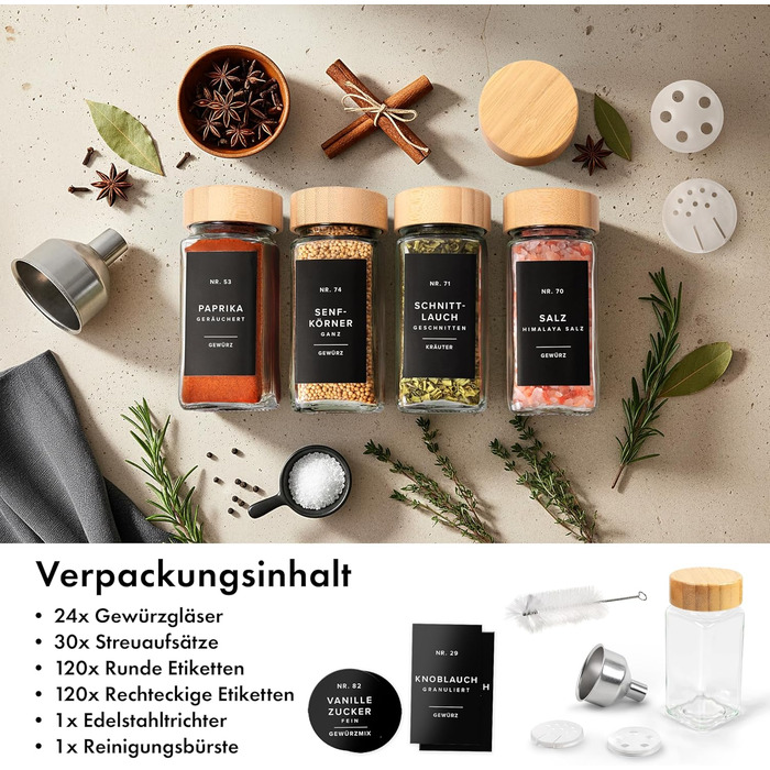 Набір бамбукових скляних баночок для спецій (24 x 120 мл) з ситечком та 240 етикетками. Організатор для спецій, контейнери для спецій, баночки для спецій. Розміри: 11x4,5 см