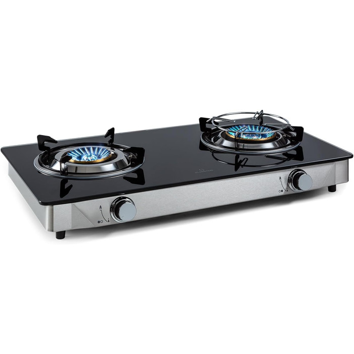 Газова плита Klarstein 2-конфоркова, 7.7kW, для кемпінгу та дому, з нержавіючої сталі, портативна, з газовим шлангом та редуктором