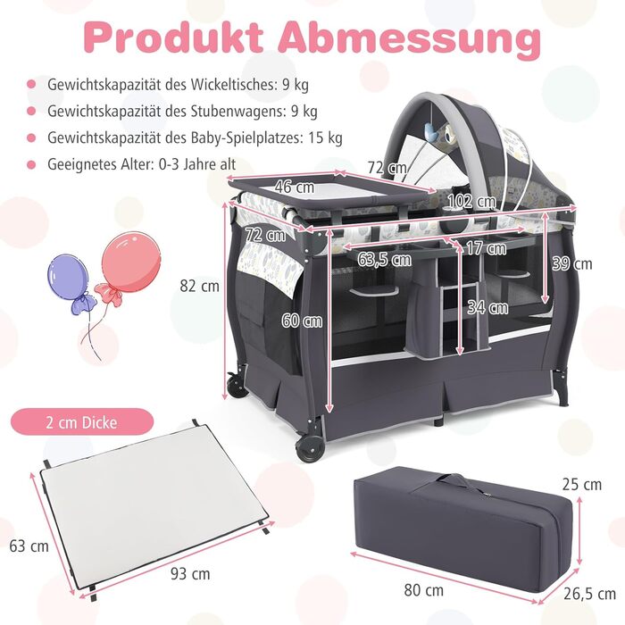 Дитяче туристичне ліжко COSTWAY 5-в-1 з матрацом, функція ліжка-гойдалки, пеленальний столик, музична шкатулка та сумка для перенесення, до 15 кг