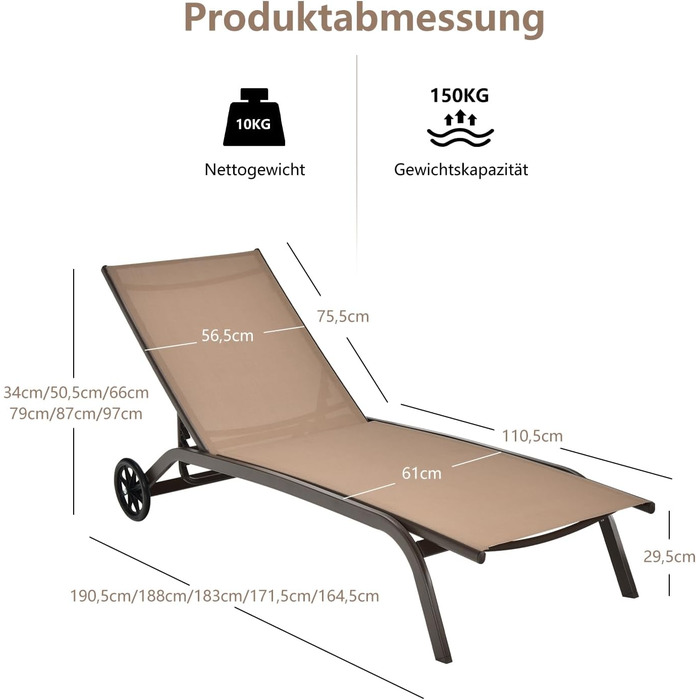 Шезлонг для саду та відпочинку COSTWAY з регульованою спинкою та тканиною, що швидко сохне, коричневий, до 150 кг