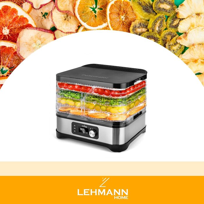 Електричний дегідратор Lehmann для сушіння продуктів з нержавіючої сталі, 450W, 5 рівнів, регулювання температури 35-70°C, для фруктів, грибів, м'яса, трав, без BPA