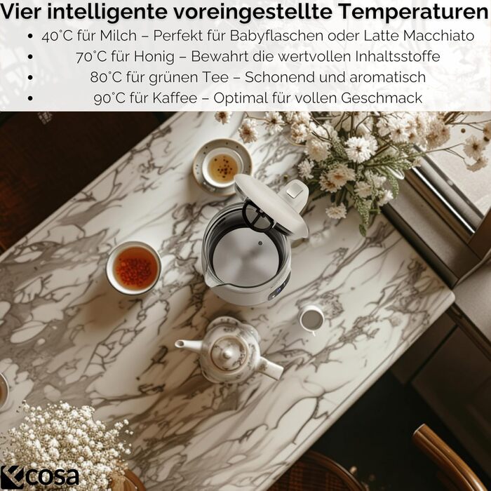 Електрочайник Ecosa® зі скляною колбою та регулюванням температури, 1.7 л, 2200 Вт, не містить BPA, з підігрівом та LED-підсвічуванням (Woldo White)