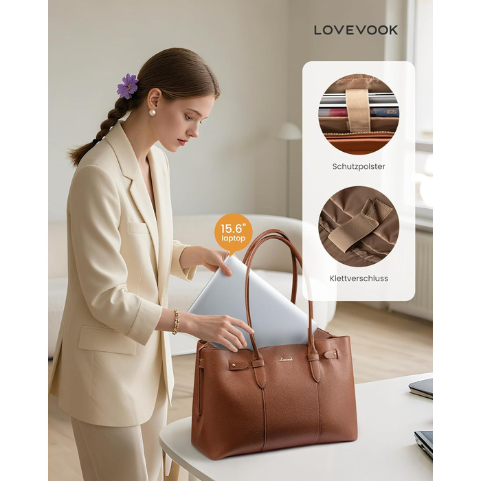 LOVEVOOK Сумка для ноутбука 15.6 дюймів, жіноча, велика, торбинка-шопер, шкіряна, водонепроникна, для роботи, навчання, офісу, універсальна, коричнева