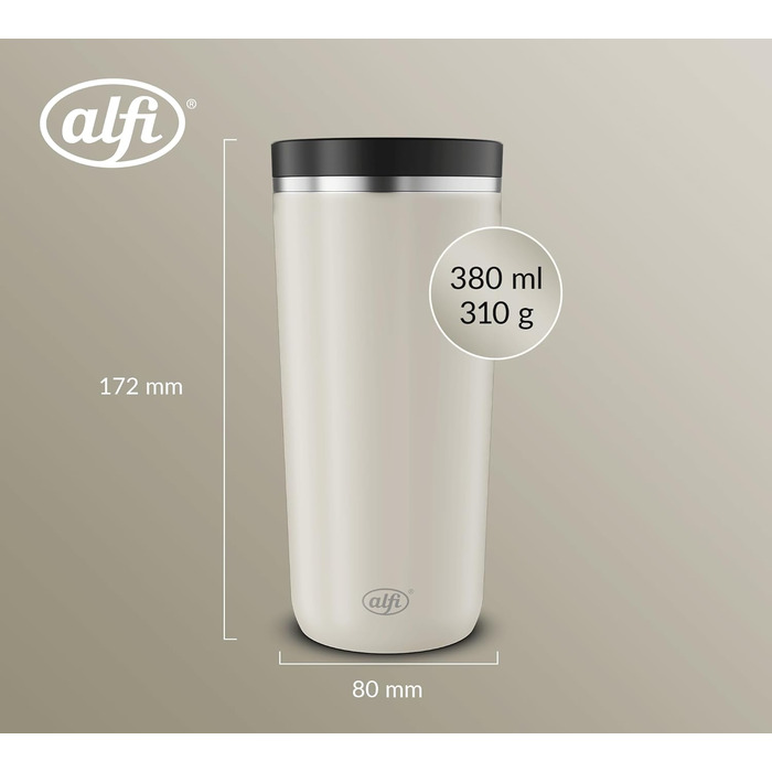 Термокружка Alfi ISO Coffee Mug Pro, бежевий матовий, 0.38 л, нержавіюча сталь, для кави з собою, з термоізоляцією, 6 годин гаряче, 12 годин холодне, без BPA, миється в посудомийній машині