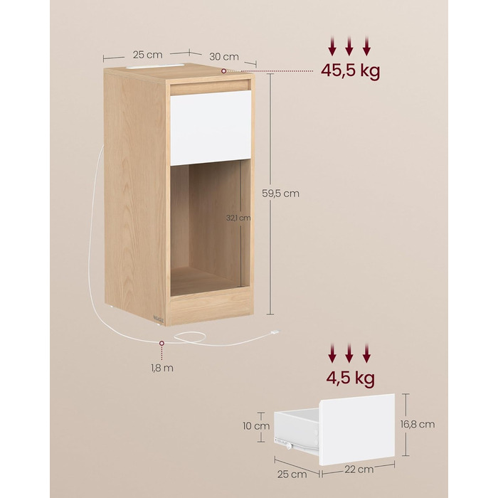 Приліжкова тумбочка VASAGLE з LED-підсвічуванням, USB-A та USB-C, з шухлядою та відкритим відсіком, для спальні/вітальні, кольору 