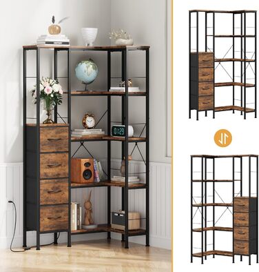 Кутовий стелаж OYRREU з 5 ярусами, LED-підсвічуванням та 4 висувними ящиками. Підходить для вітальні, спальні, офісу, кухні. Вінтажний коричневий колір.