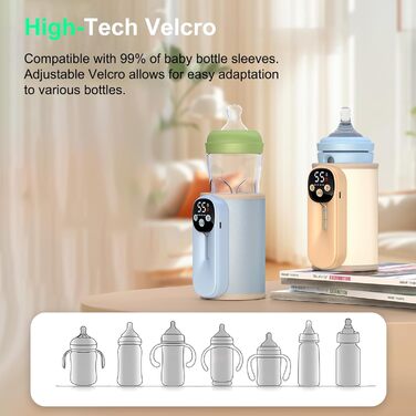 Підігрівач молока бездротовий з LED дисплеєм температури, 8000mAh, для дитячих пляшок, в подорожах, 6 режимів, швидкий нагрів, USB-C зарядка, термоізоляційний чохол для материнського молока, блакитний (зелений)