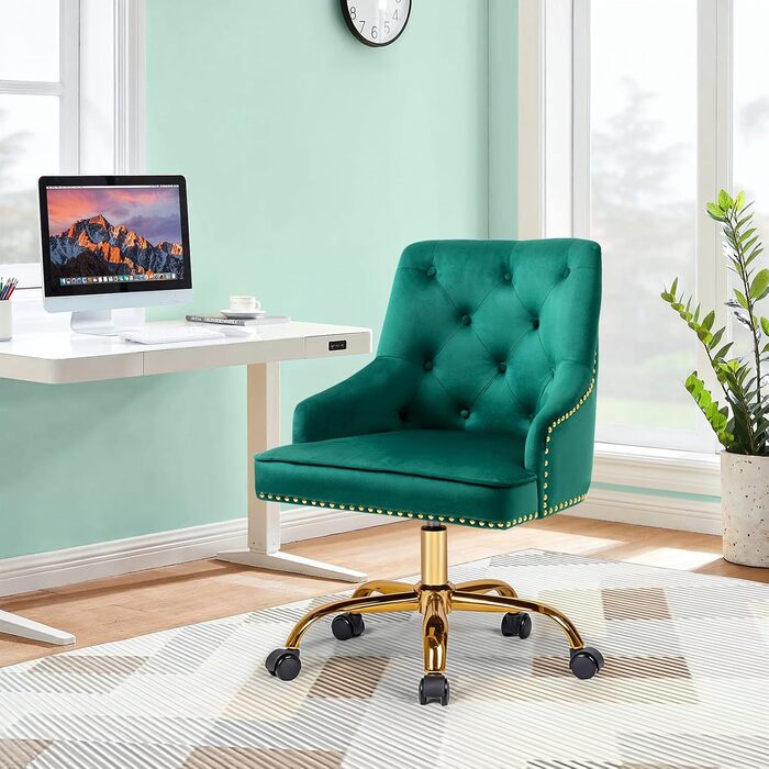 Крісло офісне Fiximaster з велюру, поворотне, з регулюванням висоти, золоті ніжки, для офісу, спальні, туалетного столика, до 135 кг (Зелений)