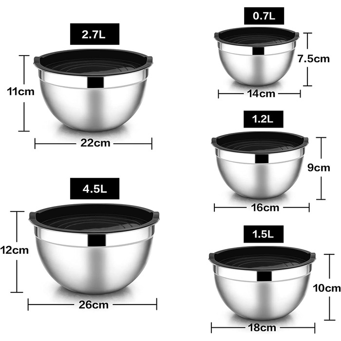 Набір з 5 мисок для змішування, набір салатниць з нержавіючої сталі HaWare з герметичною кришкою - 4,5 л/2,7 л/1,5 л/ 1,2 л/0,7 л, idea