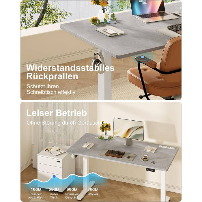 DEVOKO Стол для роботи з регулюванням висоти 140 x 70 см з розеткою, бездротовою зарядкою та USB – Електричний стіл для комп'ютера з функцією пам'яті та кабельною організацією – Ідеально для геймінгу та офісу, сірий 140 x 70 см