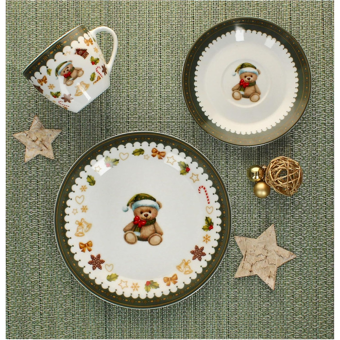 MamboCat Friend - 18-ти частинний чайний сервіс для 6 осіб | Керамічний сервіс з ведмедиком, будиночком з імбирного пряника та іншими новорічними мотивами | Тріо з чашками, блюдцями та тарілками | Ідеальний для святкування Різдва