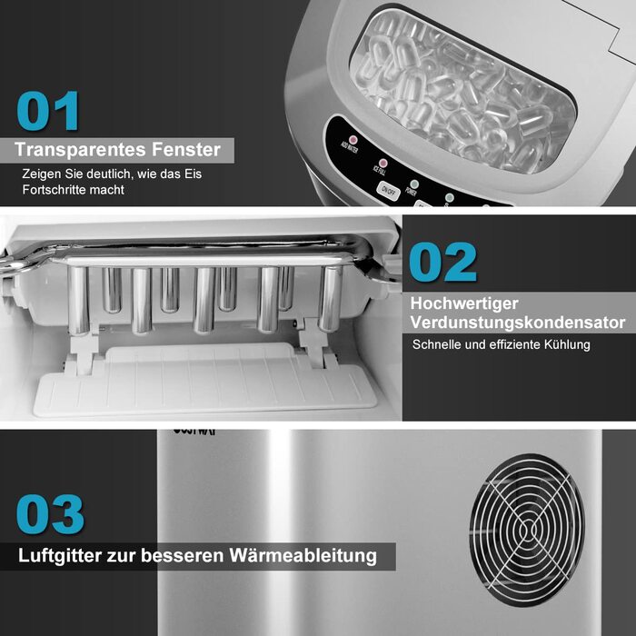 Машина для приготування кубиків льоду COSTWAY 12 кг/24 години, 9 кубиків льоду за 6-13 хвилин, резервуар 2,2 л, 2 розміри, включаючи лопату (срібло)