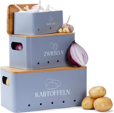 Набір контейнерів для зберігання овочів на кухні 3 шт. – для картоплі, цибулі та часнику з бамбуковими кришками – Набір для зберігання картоплі, цибулі та часнику сірого кольору