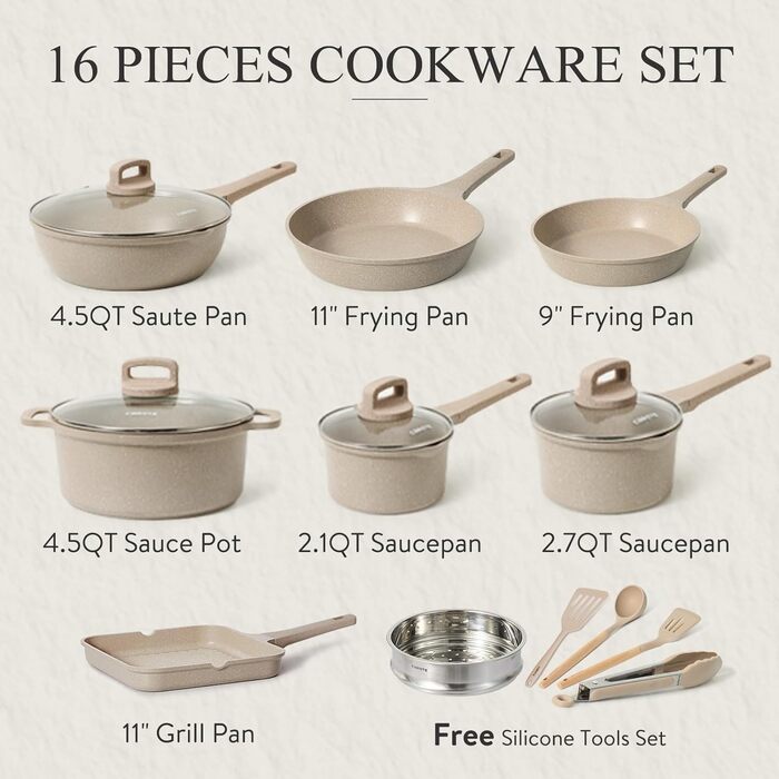 Набір каструль і сковорідок CAROTE, 16 предметів, з антипригарним покриттям, можна складати, індукційний посуд, сірий граніт