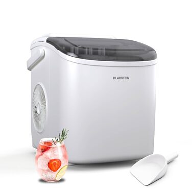 Машина для приготування льоду Klarstein - 12 кг/24 год, 2 розміри, резервуар 1,3 л, LED-дисплеї, прозорий кришка, портативна, для вечірок/садових свят, білий