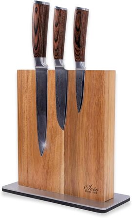 Набір кухонних ножів Wakoli EDIB з магнітним блоком | 3 ножі з дамаської сталі (8,5-17см) з VG10-сердечником, дерев'яні ручки, для овочів та м'яса