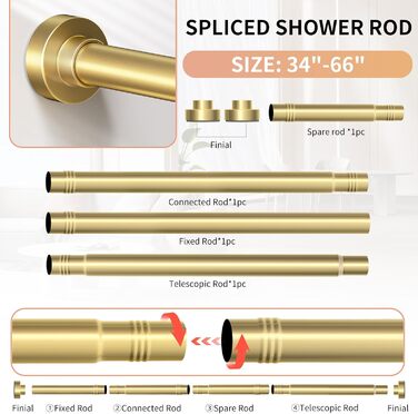 Штанга для душу, золота, 86-167 см, нержавіюча сталь, регульована, з пружинним натягом, антиковзаюча, без свердління, для ванної кімнати, гірлянда, вікно, золото 34'-66”