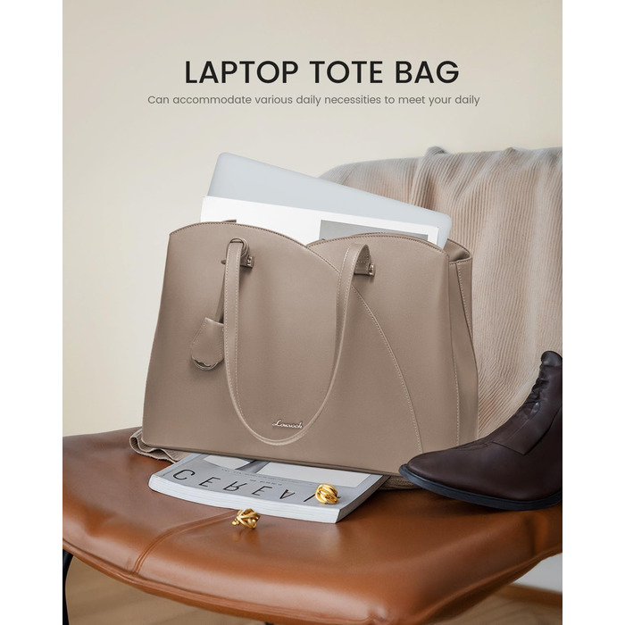 LOVEVOOK Сумка жіноча велика, шопер для ноутбука, сумка для роботи, офісна сумка, з PU шкіри, на плечі, для навчання, тоут-сумка для роботи, бізнесу, університету, школи (15,6 дюймів, тауп)