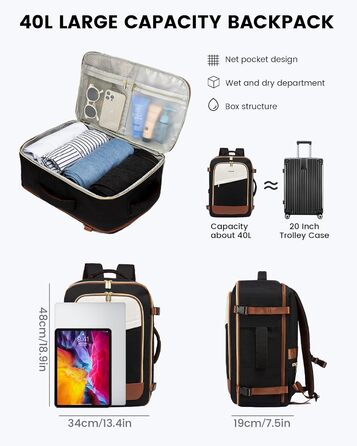 Рюкзак LOVEVOOK для ручної поклажі літака, жіночий водонепроникний рюкзак для подорожей з відділенням для взуття, 17-дюймовий рюкзак для ноутбука, 40L, 45x36x20, ручна поклажа, чорний + бежевий + каштановий