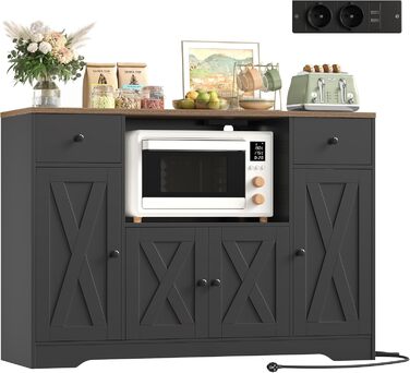 HOCSOK Комод-буфет 120 см для кухні, вітальні, їдальні. Шафа з розеткою, полицями та місцем для мікрохвильовки. 120×85×40 см, білий (чорний)