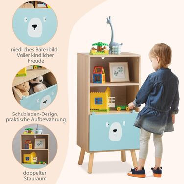 Дитяча книжкова шафа GOPLUS з 2 відділеннями та 1 шухлядою, дитяча полиця з ніжками з соснового дерева та пристроєм проти нахилу, полиця для іграшок з мультяшним візерунком для вітальні та дитячої кімнати, 40,5 x 29 x 85,5 см
