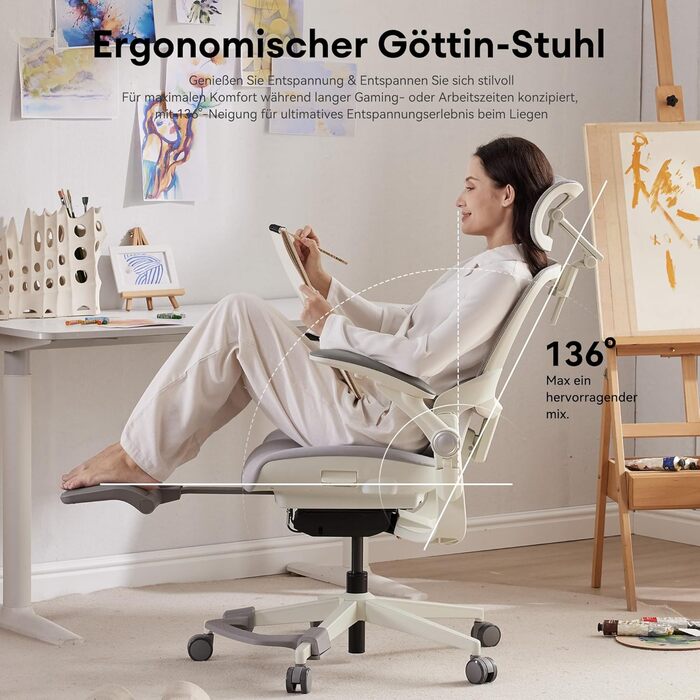 Ергономічне крісло Musso E80 Muse FemmePosture™ для жінок - регулювання спинки до 135°, 3D-підтримка попереку, 17см 4D-підголівник, висувна підніжка, регулювання глибини та висоти сидіння, регульовані підлокітники (Сірий)