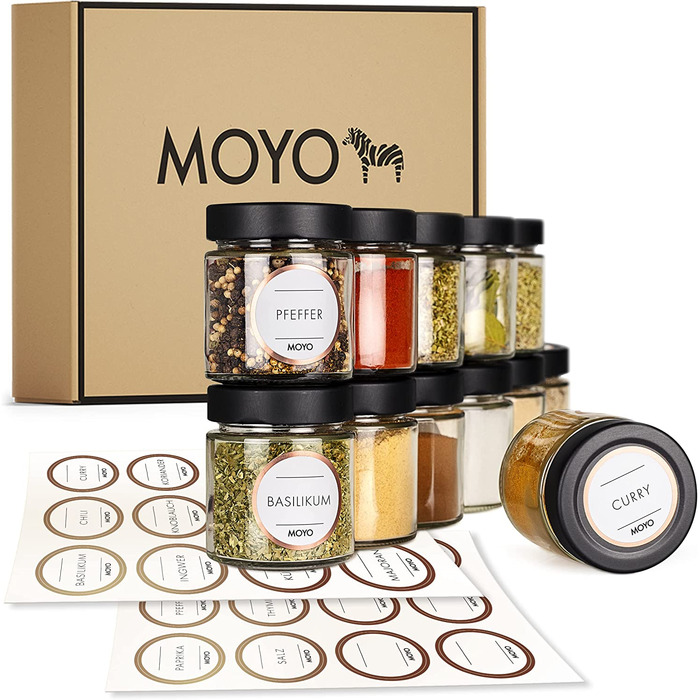 Баночки для спецій MOYO - набір з 12 шт. Зроблено в Німеччині - етикетки в комплекті - організація кухні, зберігання спецій (50 символів)