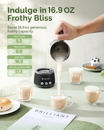 Електричний спінювач молока Maestri House 500 мл 4-в-1 з керуванням Smart Touch, функція пам'яті, для лате, гарячого шоколаду та теплого молока, чорно-сірий