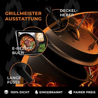 Чавунний казан Dutch Oven 9л з ніжками та знімачем кришки, набір для приготування їжі на відкритому вогні (на 6-10 осіб)