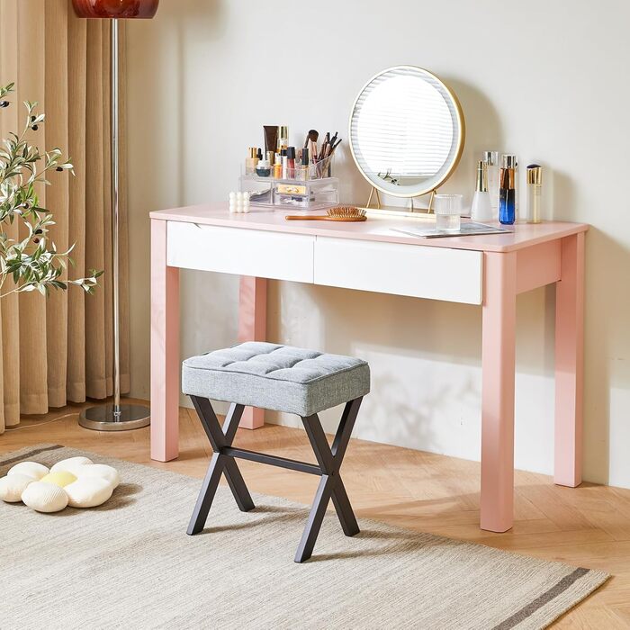 Пуф-табуретка IBUYKE з X-подібними ніжками та підставкою для ніг, тканина льон, сірий блакитний колір, для спальні, вітальні, як приліжкові столики