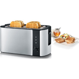 Тостер на 4 скибочки Автоматичний тостер з довгим слотом Тостер з насадкою для булочок Високоякісний тостер з нержавіючої сталі з великими відсіками для випічки та 1,400 Вт з нержавіючої сталі/чорного кольору AT 2590