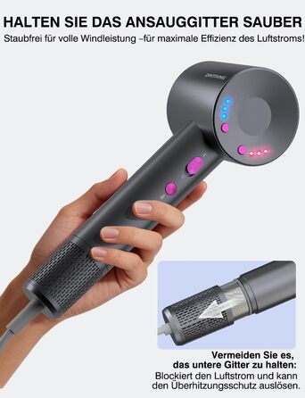 Іонний фен для волосся з високошвидкісним безщітковим двигуном 160 000 об/хв, 500 млн негативних іонів, 12 режимів, магнітна насадка, низький рівень шуму