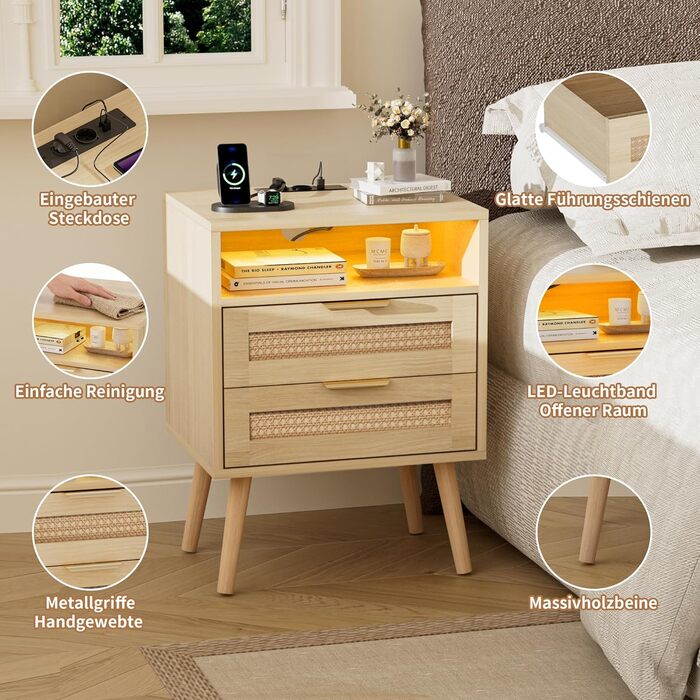 Набір з 2 приліжкових тумбочок з ротангу, LED-підсвічуванням, розетками, регульованим кольором, з відкритим простором та 2 висувними ящиками з ротангу, масивні дерев'яні ніжки, колір дерева (2 шт.)