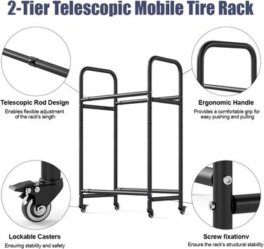 Стійка для шин BAOYOUNI на 4 шини/диски, 2 яруси, регульована, на колесах, для гаража, складу, майстерні, 57,2 x 37,3 x 114,6 см