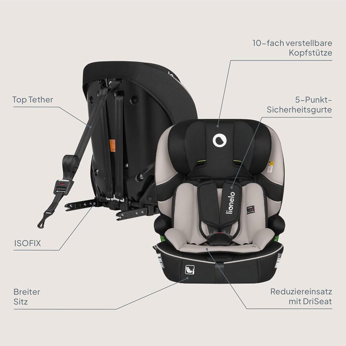 Автокрісло Lionelo Billy i-Size 76-150 см (15 міс - 12 років), ISOFIX, Top Tether, R129, бежеве