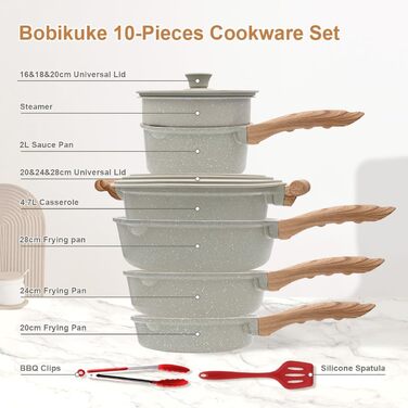 Набір сковорідок Bobikuke з 5 шт. , набір сковорідок 20/24/28 см, з антипригарним покриттям, універсальна кришка, силіконова лопатка, для всіх типів варильних поверхонь, без PFOA (білий)