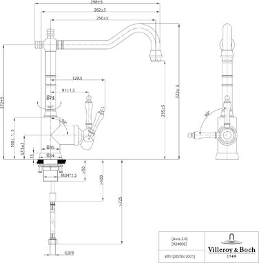 Змішувач для кухні Villeroy & Boch Avia 2.0, змішувач для кухні з керамічним картриджем і діапазоном повороту на 360, енергозберігаючий змішувач для раковини, висота виливу 235 мм, (бронза, високий тиск)