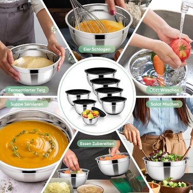 Набір місок HaWare з нержавіючої сталі, 7 шт., з кришкою, для приготування їжі, миття в посудомийній машині, об'єм 6.5/4.5/3/2.5/1.5/1.2/0.7 л (Чорний, силіконове дно)