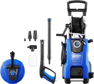 Мийка високого тиску Nilfisk E 145 Bar з пінотворечем, насадкою для миття площ та щіткою, комплект для чищення труб (2100 Вт) (E145.4 + Mid Patio)