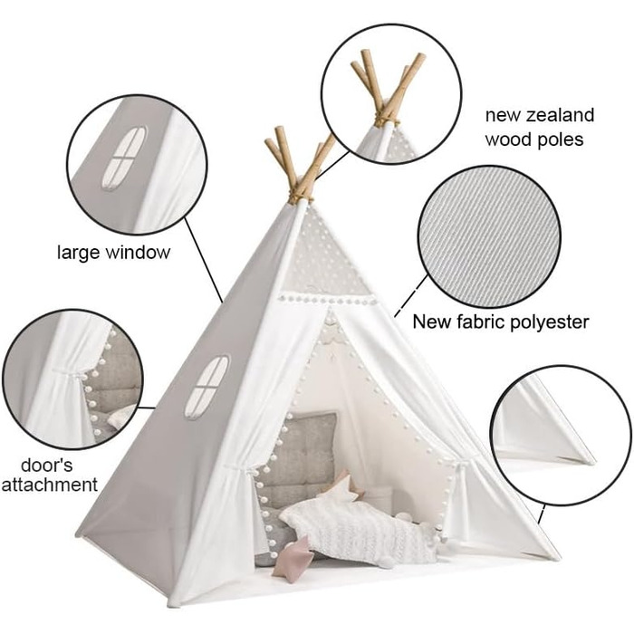 Camiraft Тент-Тіпі для дітей сірого кольору, ігровий намет з бавовни для хлопчиків та дівчаток, складаний намет-халапа для гри в приміщенні та на вулиці