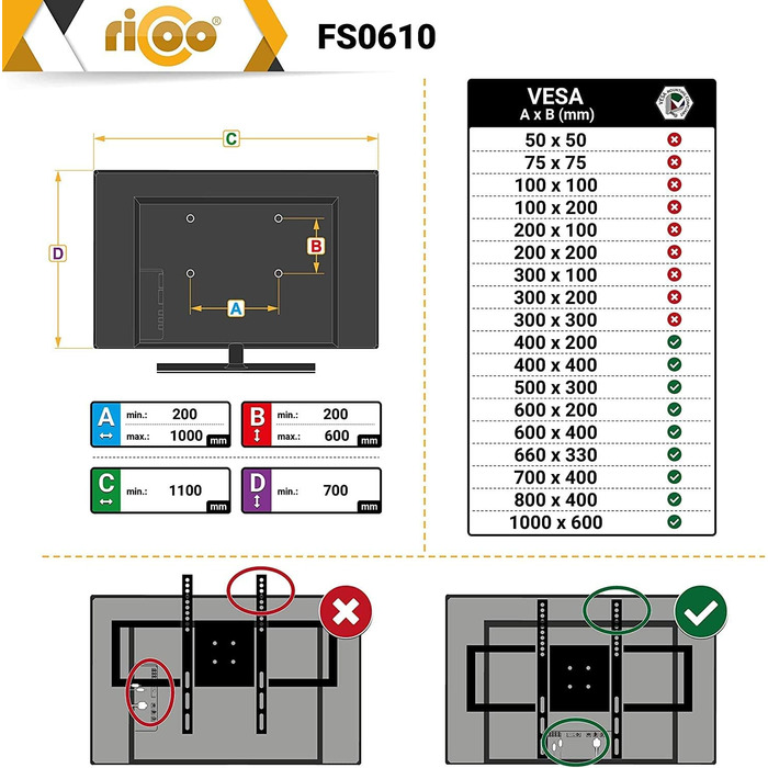 Підставка для телевізора RICOO FS3610 на коліщатках, регульована по висоті, для 55-110 дюймів, OLED, Curved, Smart TV, до 100 кг, VESA 1000x600mm