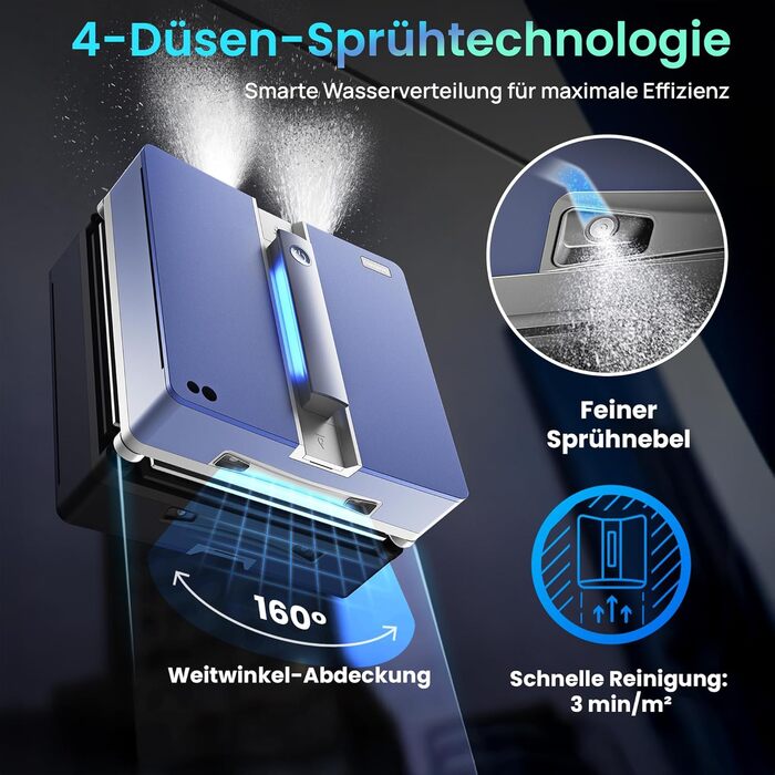 Робот-прибиральник вікон ClevioniQ X9 Pro з електроприводом – інноваційний мийник вікон з 4-стороннім розпиленням, точна навігація, розпізнавання країв, LED-індикатор, тиха робота та голосове керування німецькою мовою