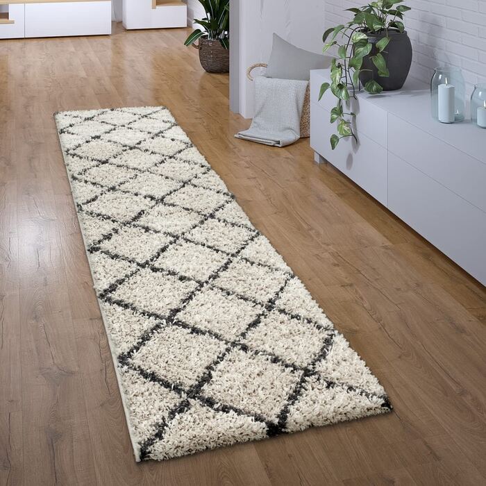 Домашній килим Paco з високим ворсом, килимок для передпокою, спальні, вітальні, кошлатий килим з довгим ворсом, Сучасний скандинавський ромбоподібний візерунок, розмір колір (100x200 см, кремовий)