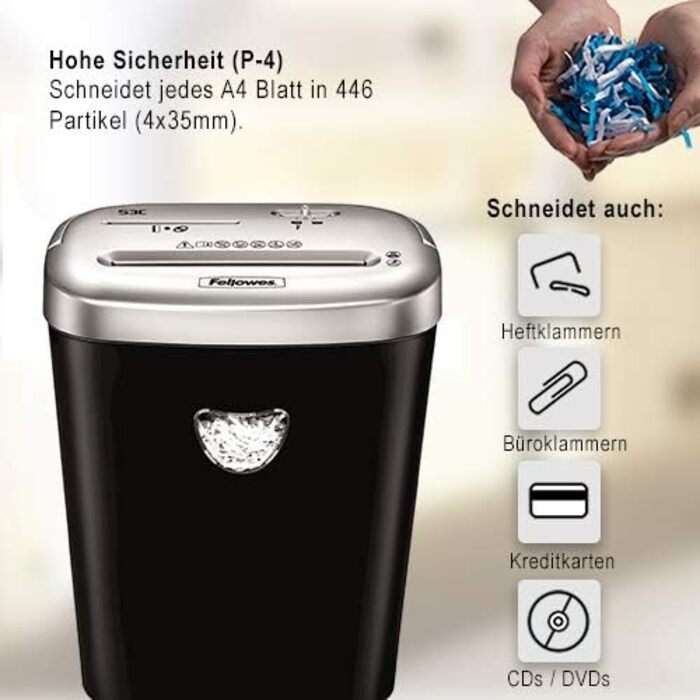 Fellowes Powershred 53C - Шредер для паперу, знищення CD, 10 аркушів, для дому/офісу