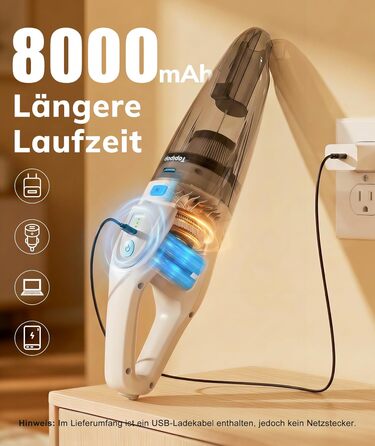 Акумуляторний ручний пилосос для авто та дому, 25000Па, бездротовий з HEPA-фільтром та набором насадок, білий