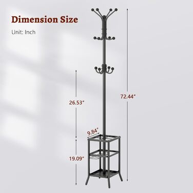Настінна/підлогова вішалка для одягу FAVOOSTY з підставкою для парасольки, 12 гачків, срібна/чорна