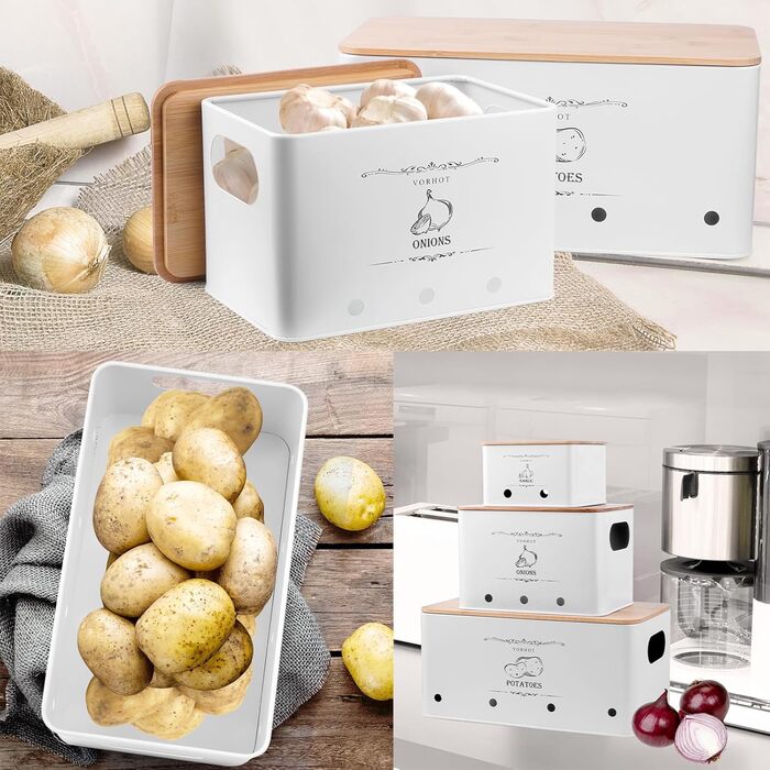 Набір контейнерів для зберігання картоплі, цибулі та часнику (3 шт.), бамбуковий кришка, білий