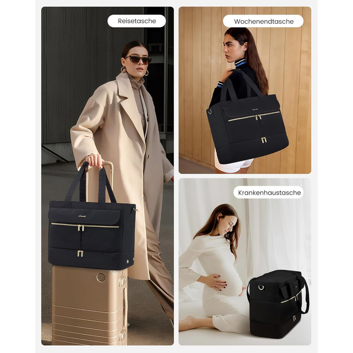 Сумка-валіза LOVEVOOK для жінок, 45L/57L, Weekender, ручна поклажа, велике відкриття, сумка для пологового будинку, спортивна сумка, Travel Duffle Bag, з відділенням для взуття та мокрою білизною (чорний)