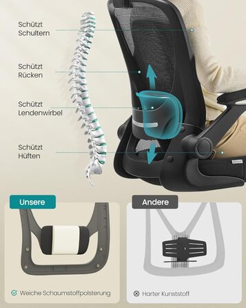 Офісний стіл SONGMICS з ергономічним дизайном, поворотне крісло з сітчастою спинкою, підтримка попереку, функція гойдання, сидіння 53 см, відкидні підлокітники, для роботи та спальні, студентів, OBN037R01 (без підголівника)
